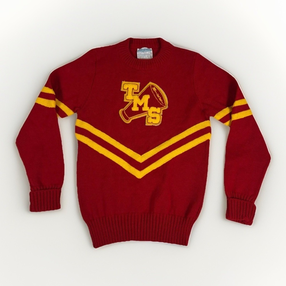 Vintage Dallas Knitting Cheerleader Sweater Womens 36 Red Yellow Patch Preppy